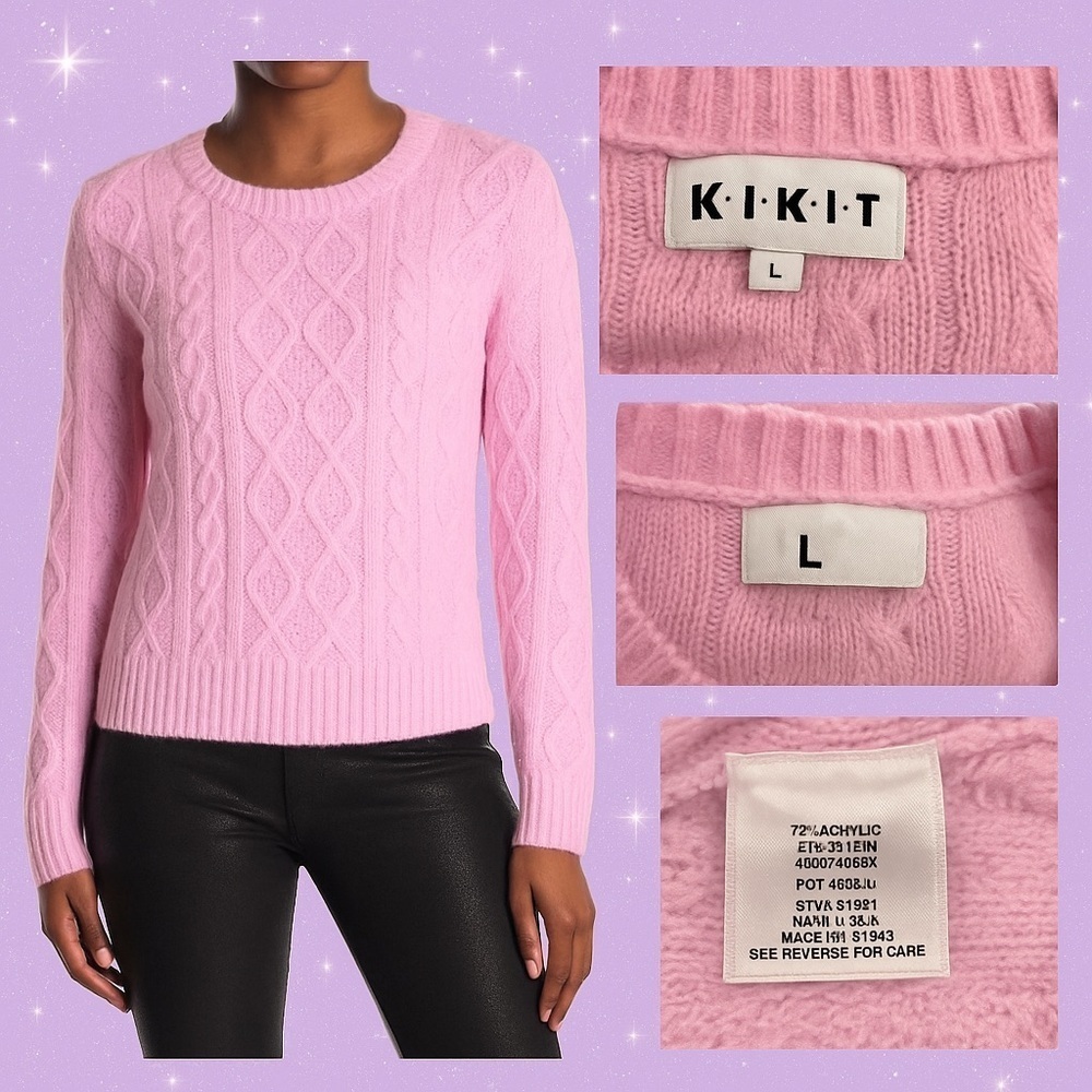 KI•KI•T Pink Cable Knit cozy fall winter Barbiecore preppy Sweater Size L